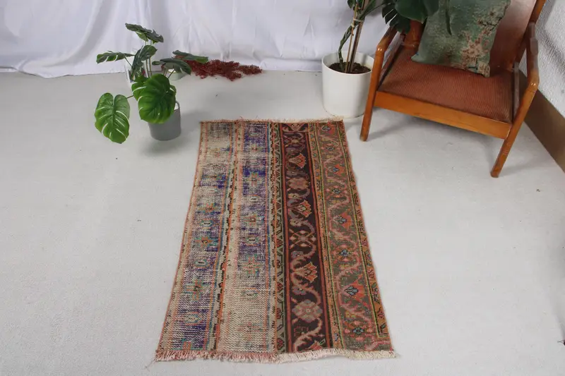 2.3x4.1 ft Vintage Halı, Türk Küçük Halı, Mavi Kahverengi Ombré Yün Halı - 1