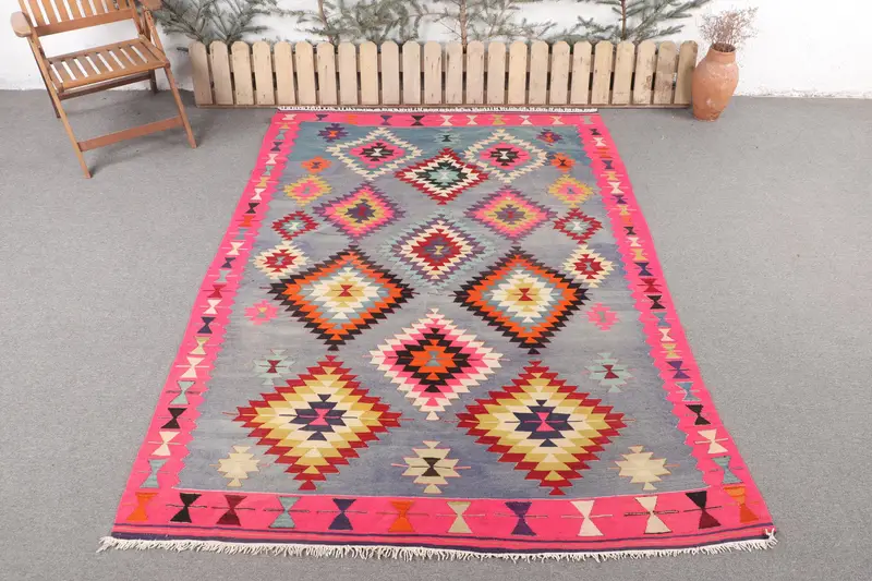 Handmade Blue & Pink Rug, 5,9x8,2 ft Striped Geometric