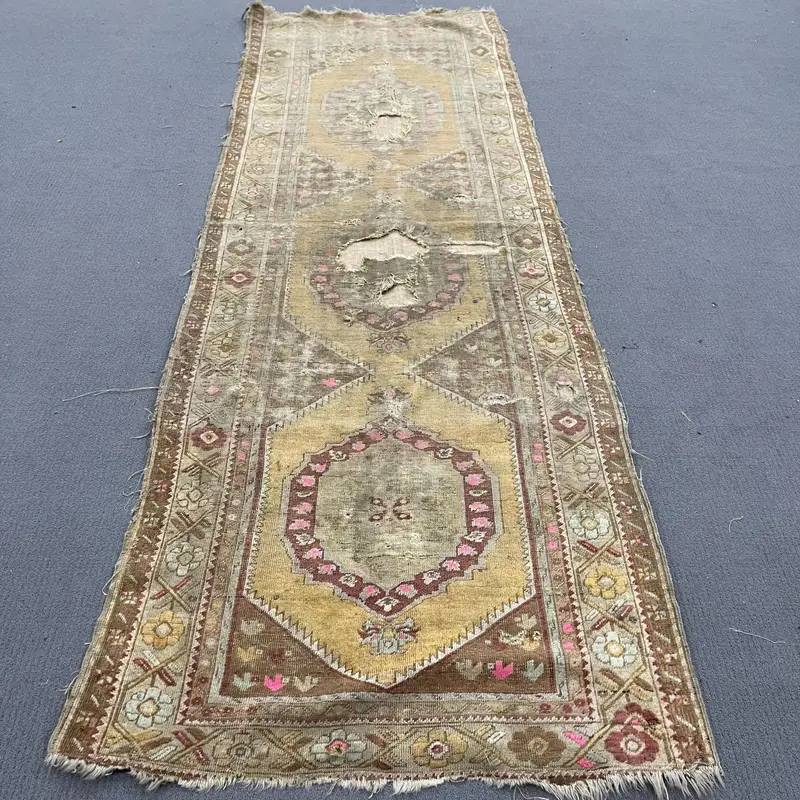 Turkish Vintage Rug 3.5x10.2 ft (108x311 cm), Oushak Brown Yellow Animal Print Rug - 1