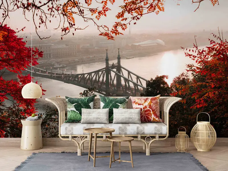Red Leaves Wall Mural, Bridge Landscape Paper Craft, Cityscape Mural, Decals For Walls, View Wall Mural, Wallpaper Border, - 1