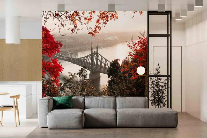 Red Leaves Wall Mural, Bridge Landscape Paper Craft, Cityscape Mural, Decals For Walls, View Wall Mural, Wallpaper Border, - 10