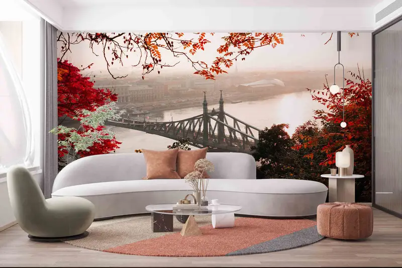 Red Leaves Wall Mural, Bridge Landscape Paper Craft, Cityscape Mural, Decals For Walls, View Wall Mural, Wallpaper Border, - 8