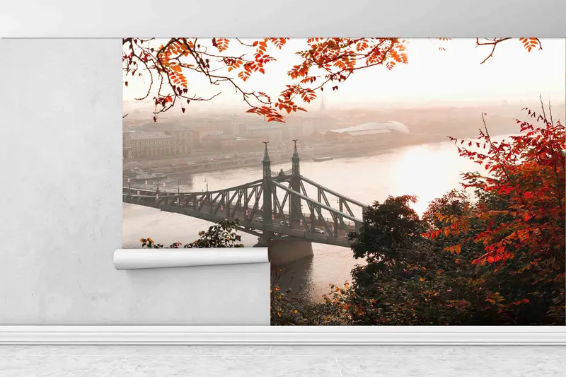 Red Leaves Wall Mural, Bridge Landscape Paper Craft, Cityscape Mural, Decals For Walls, View Wall Mural, Wallpaper Border, - 5