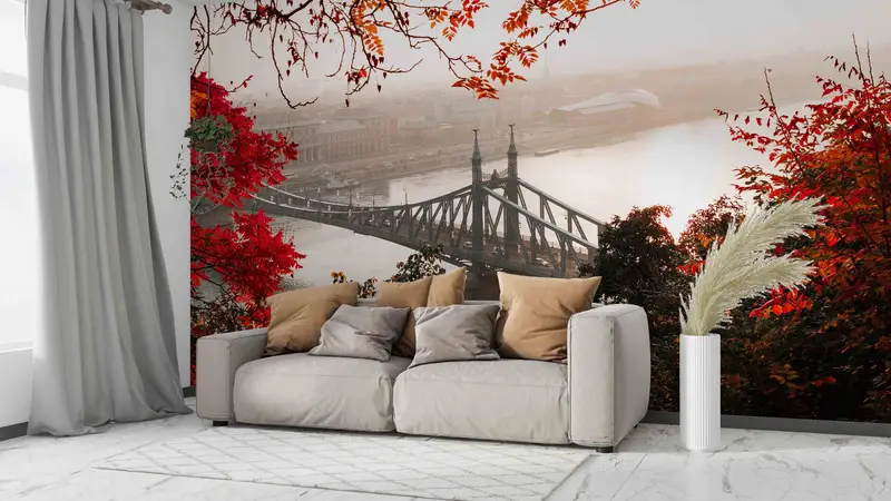 Red Leaves Wall Mural, Bridge Landscape Paper Craft, Cityscape Mural, Decals For Walls, View Wall Mural, Wallpaper Border, - 7
