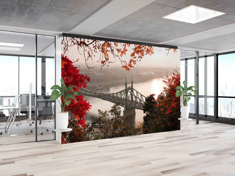 Red Leaves Wall Mural, Bridge Landscape Paper Craft, Cityscape Mural, Decals For Walls, View Wall Mural, Wallpaper Border, - 6