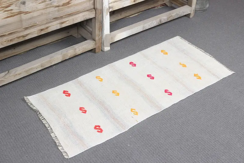 1.6x3.5 ft Türk Kilim Halısı, Vintage Halı, Beyaz Ombré Yün Halı - 1
