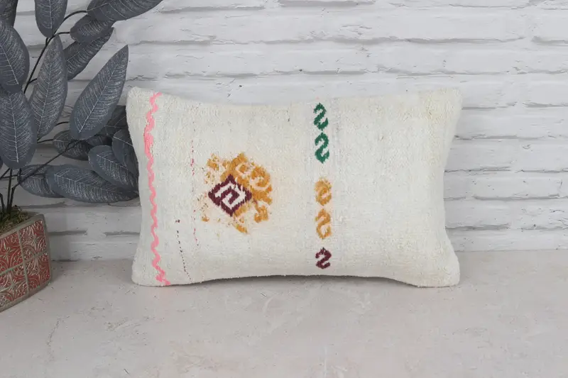Turkish Kilim Pillow, Pillow Sham, Ethnical Kilim Rug Pillow, 12x20 White Pillow Sham, Antique Pillows, Wool Kilim Pillow Cushion, Custom Cushion - 1