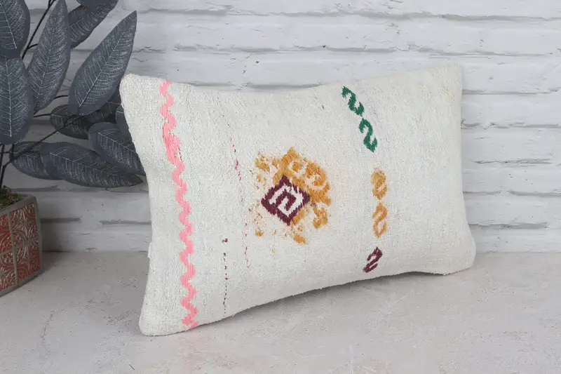Turkish Kilim Pillow, Pillow Sham, Ethnical Kilim Rug Pillow, 12x20 White Pillow Sham, Antique Pillows, Wool Kilim Pillow Cushion, Custom Cushion - 3