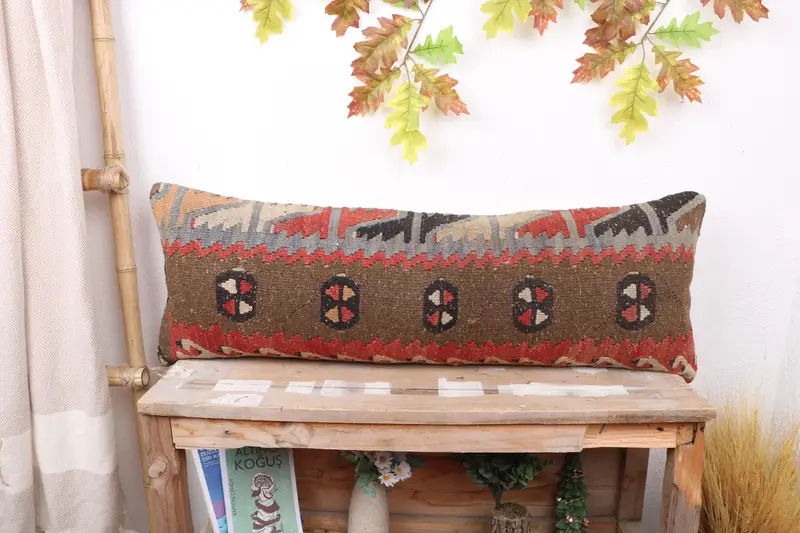 Decorative Throw Cushion Case, Vintage Kilim Pillow, Kilim Pillow Cover, Home Decor Pillow, Armchair Cushion, Pillow, 12x36 Brown Pillow Cover - 1
