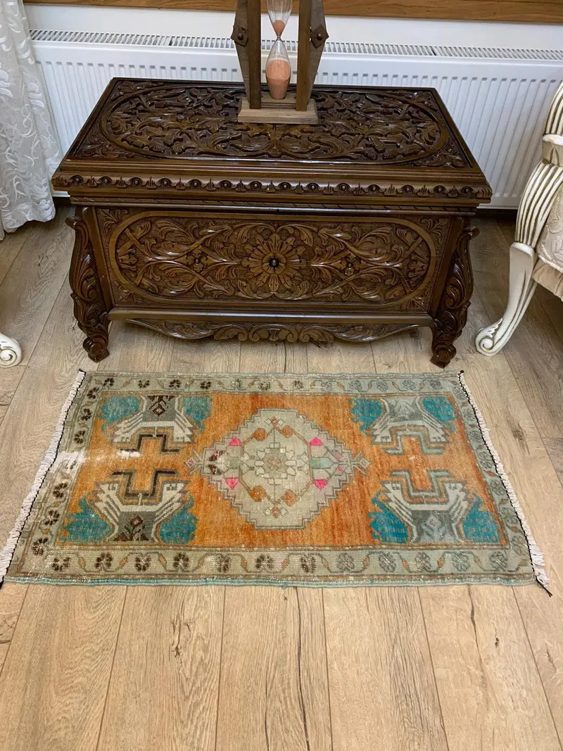 Orange Oriental Rug, 1,6x2,91 ft with Green Accents