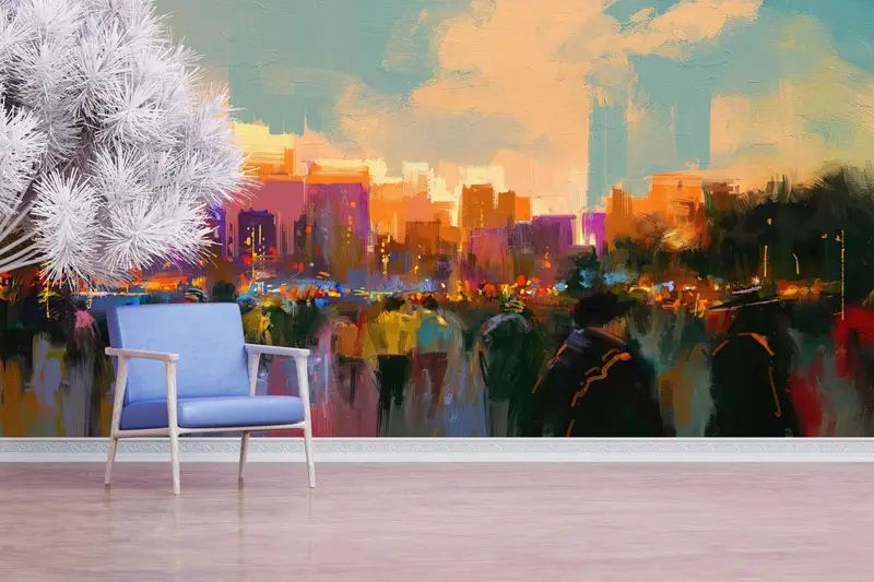 View Wall Print, People In A City Park Wall Mural, City View Wall Painting, Cityscape Wall Stickers, Stylish 3D Wallpaper, - 2