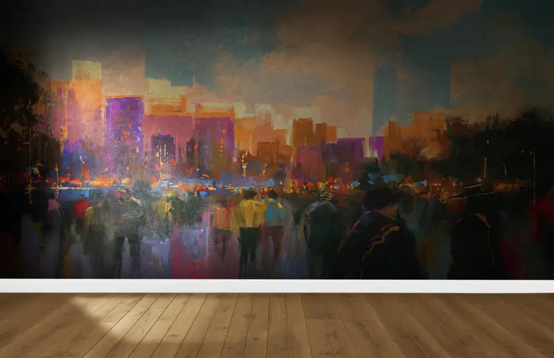 View Wall Print, People In A City Park Wall Mural, City View Wall Painting, Cityscape Wall Stickers, Stylish 3D Wallpaper, - 1