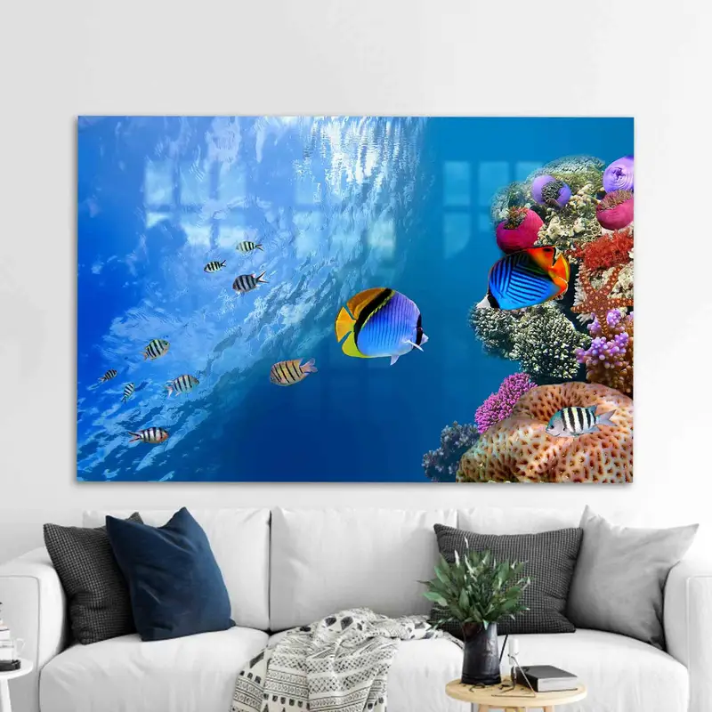 Vidrio impreso elegante: paisaje marino submarino con peces tropicales