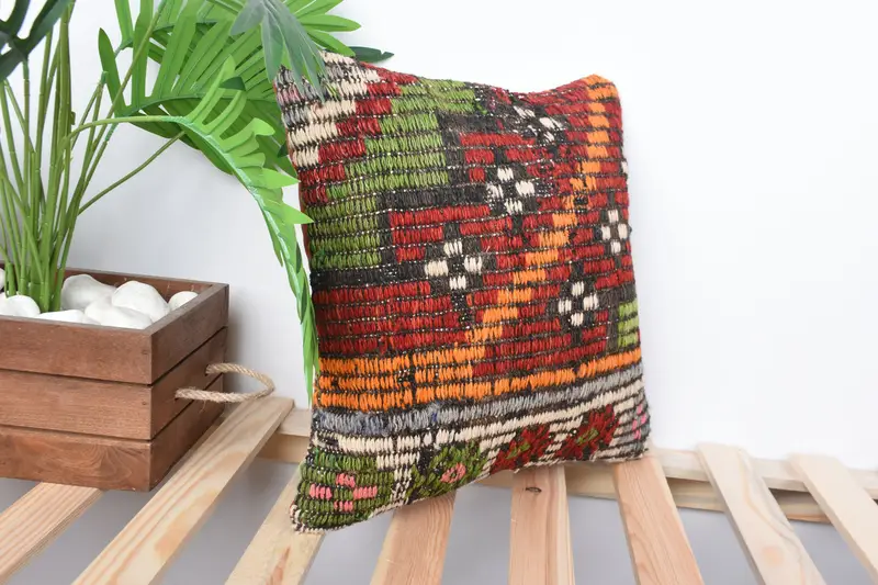 Pillow for Couch, Wholesale Cushion, Ethnical Kilim Rug Pillow, 14x14 Red Pillow, Farmhouse Pillow Case, Cushion Case, Boho Pillow - 5