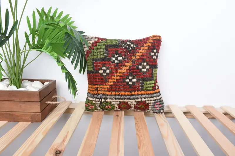 Pillow for Couch, Wholesale Cushion, Ethnical Kilim Rug Pillow, 14x14 Red Pillow, Farmhouse Pillow Case, Cushion Case, Boho Pillow - 1