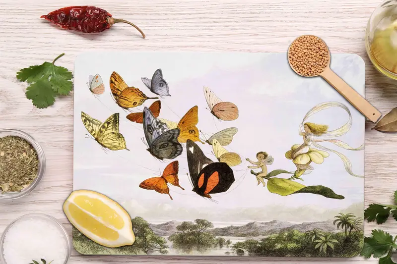 蝶模様のガラスまな板、強化安全、キッチンの必需品