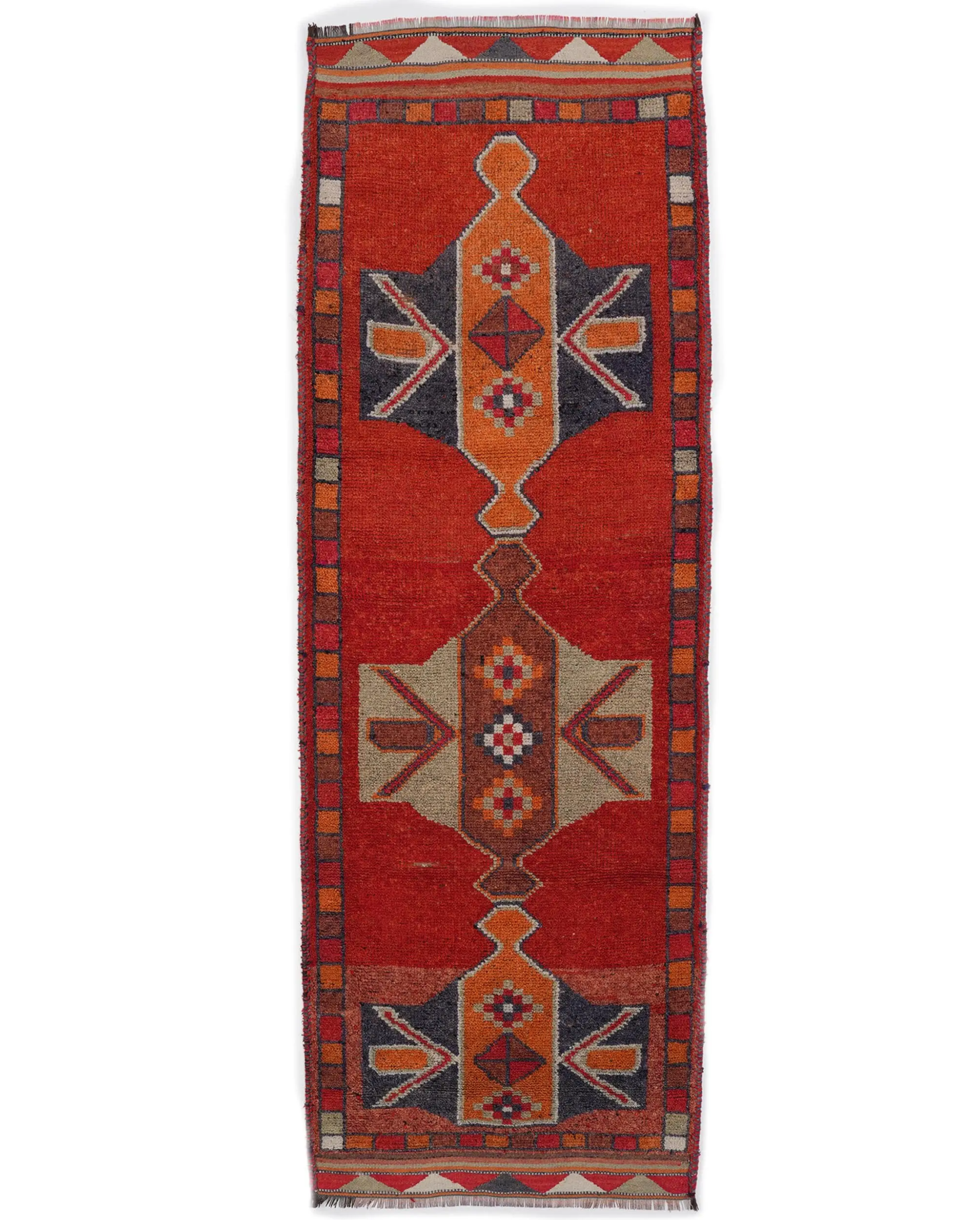 Vintage Herki Runner Rug 3.3x9.8 ft (102x299 cm), Turkish Red Patchwork Rug - 1