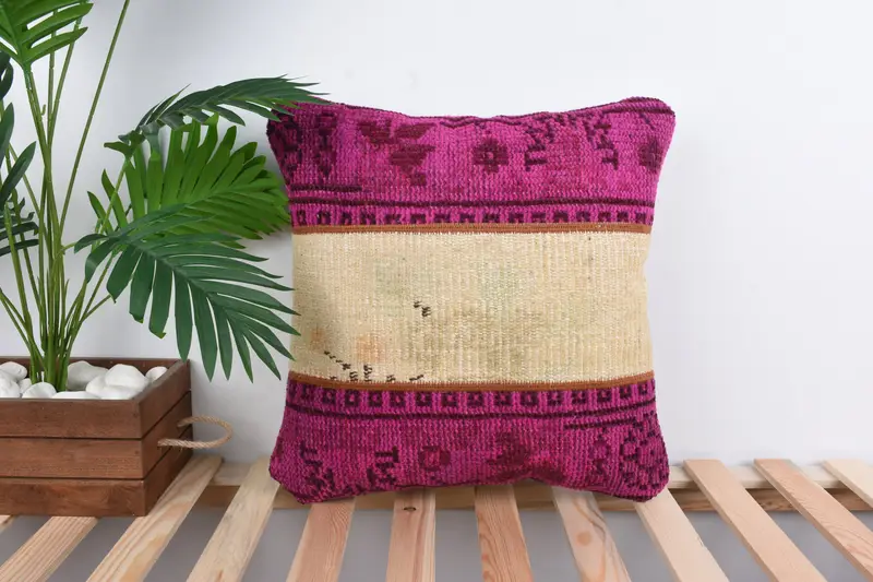 Boho Pillow, Antique Pillows, Aztec Cushion Cover, Kilim Pillow Cover, Sofa Bolster Pillow Cover, Cushion Case, 18x18 Pink Pillow Case - 1
