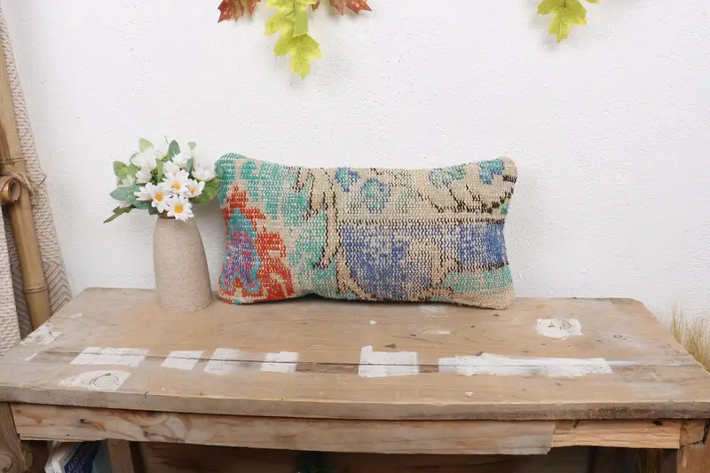 Car Pillow Cover, 8x16 Blue Pillow Case, Interior Designer Pillow, Kilim Cushion Sham, Pillow Cover, Vintage Kilim Throw Pillow, Hippie Throw Pillow - 1