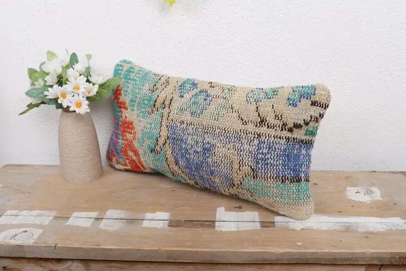 Car Pillow Cover, 8x16 Blue Pillow Case, Interior Designer Pillow, Kilim Cushion Sham, Pillow Cover, Vintage Kilim Throw Pillow, Hippie Throw Pillow - 4