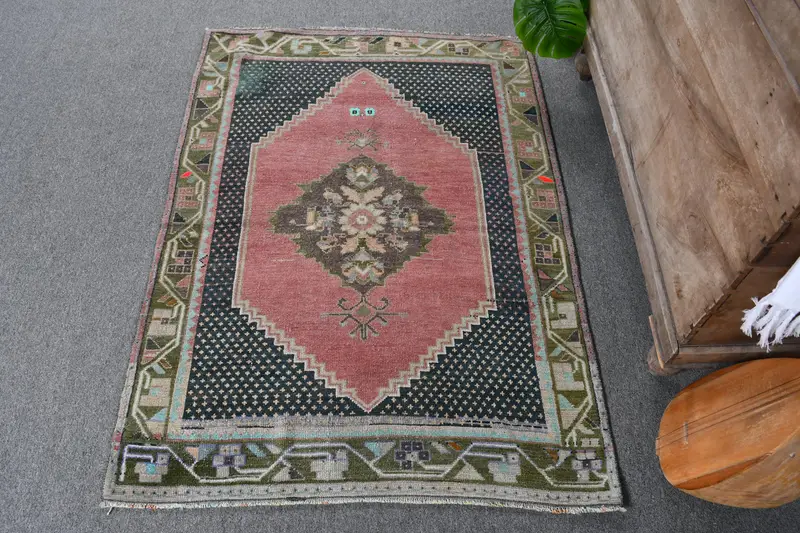 Handmade Pink & Green Animal Print Rug, 0.3x0.4 ft