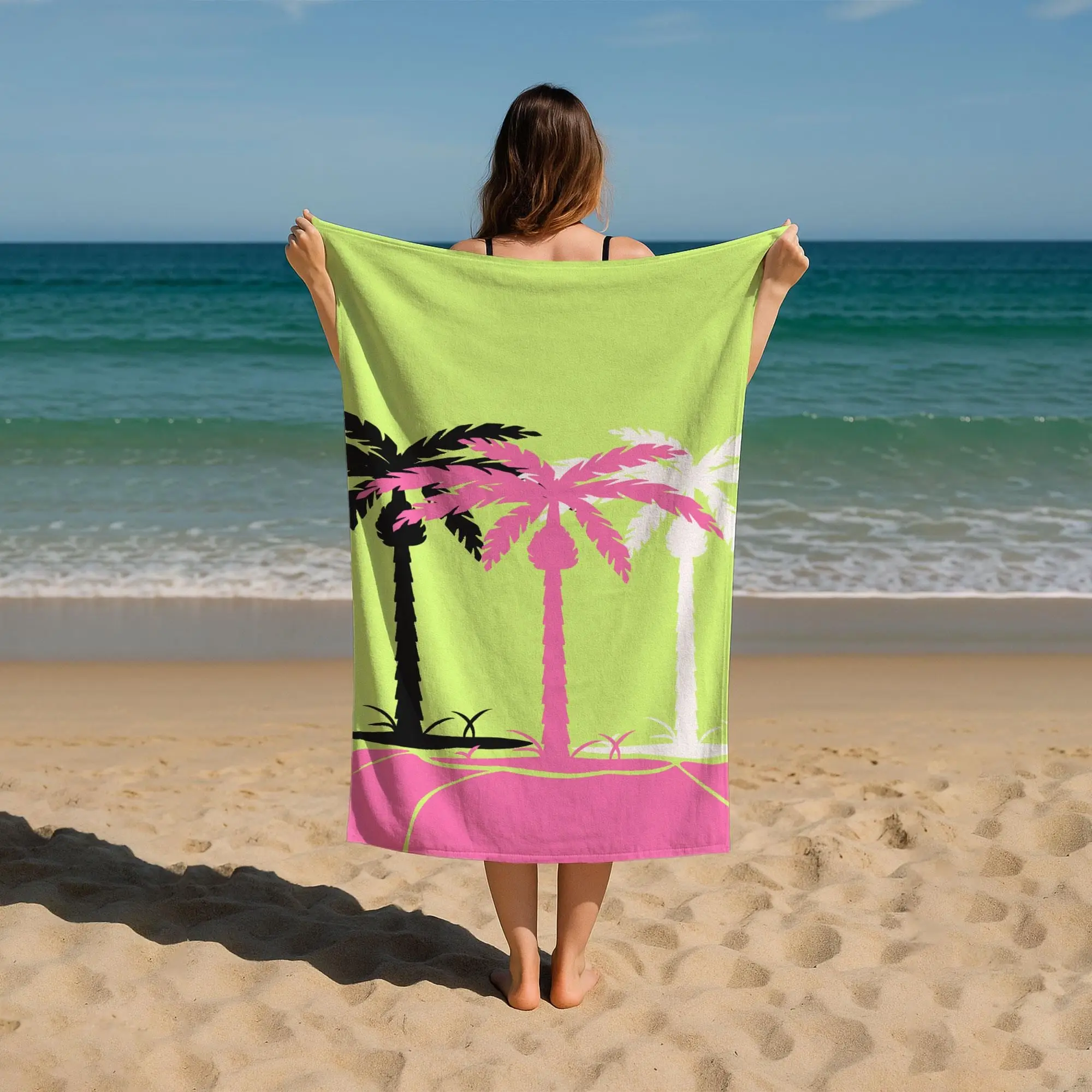 Beach Towel Custom Name with Palm Trees, Polyester Front, 28x53 Inches - 1