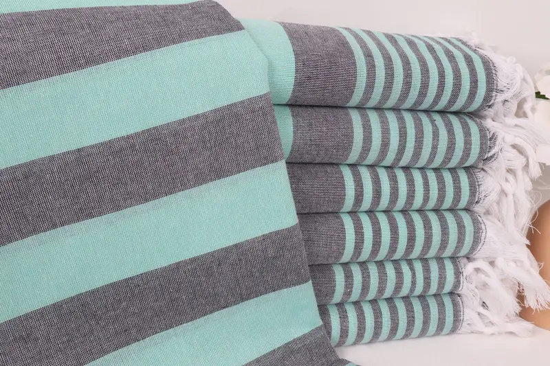 Çizgili Türk Pamuk Plaj Havlusu Koyu Gri-Yeşil, 36x67 İnç