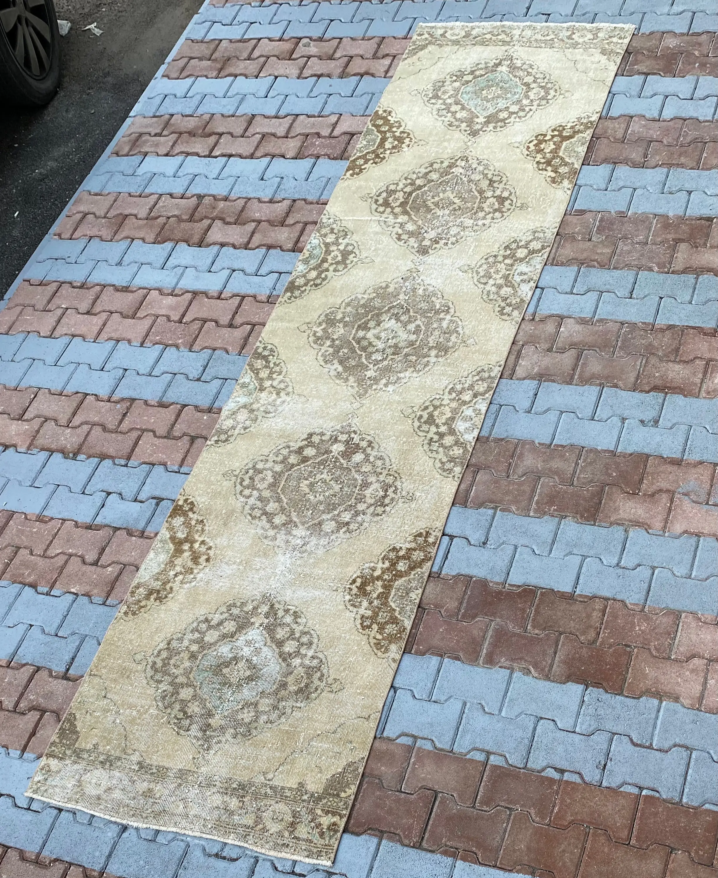 Turkish Runner Rug 2.8x9.5 ft, Brown Beige Floral Rug Wool - 1
