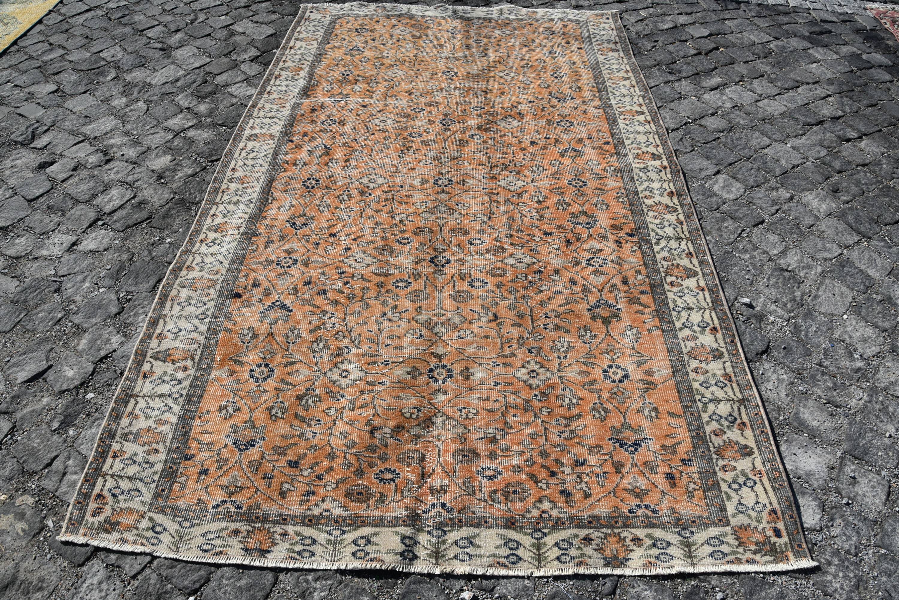 El yapımı turuncu yün paspas, vintage Türk dikdörtgen halı - 1