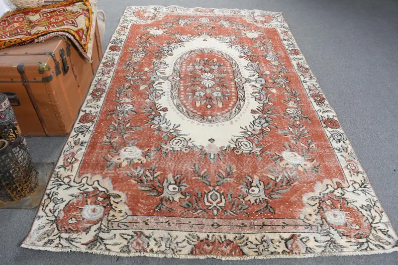 5.6x9.1 ft Turkish Vintage Rug, Large Rug, Red Oushak Floral Rug - 1