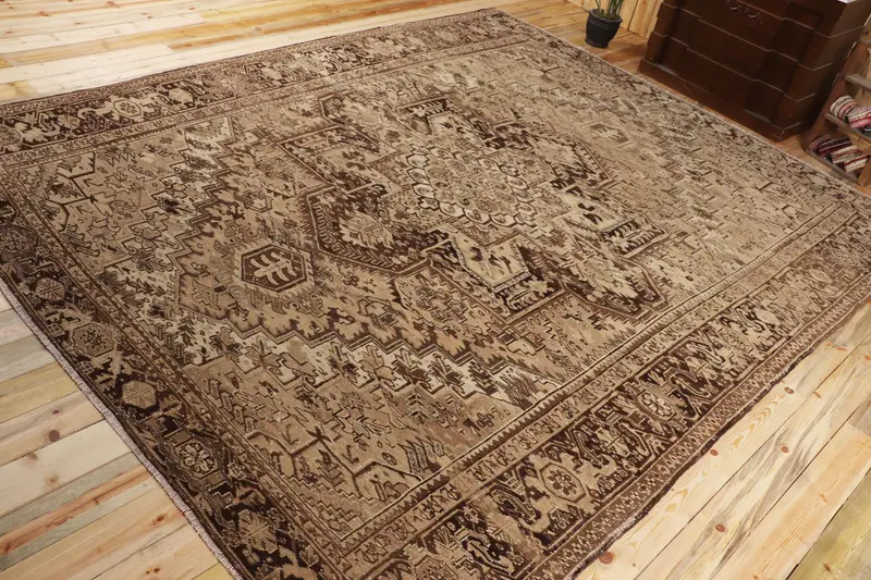 Vintage 9.9x12.4 ft Halı, Oushak Türk Halısı, Kahverengi Çiçekli Halı Yün - 1