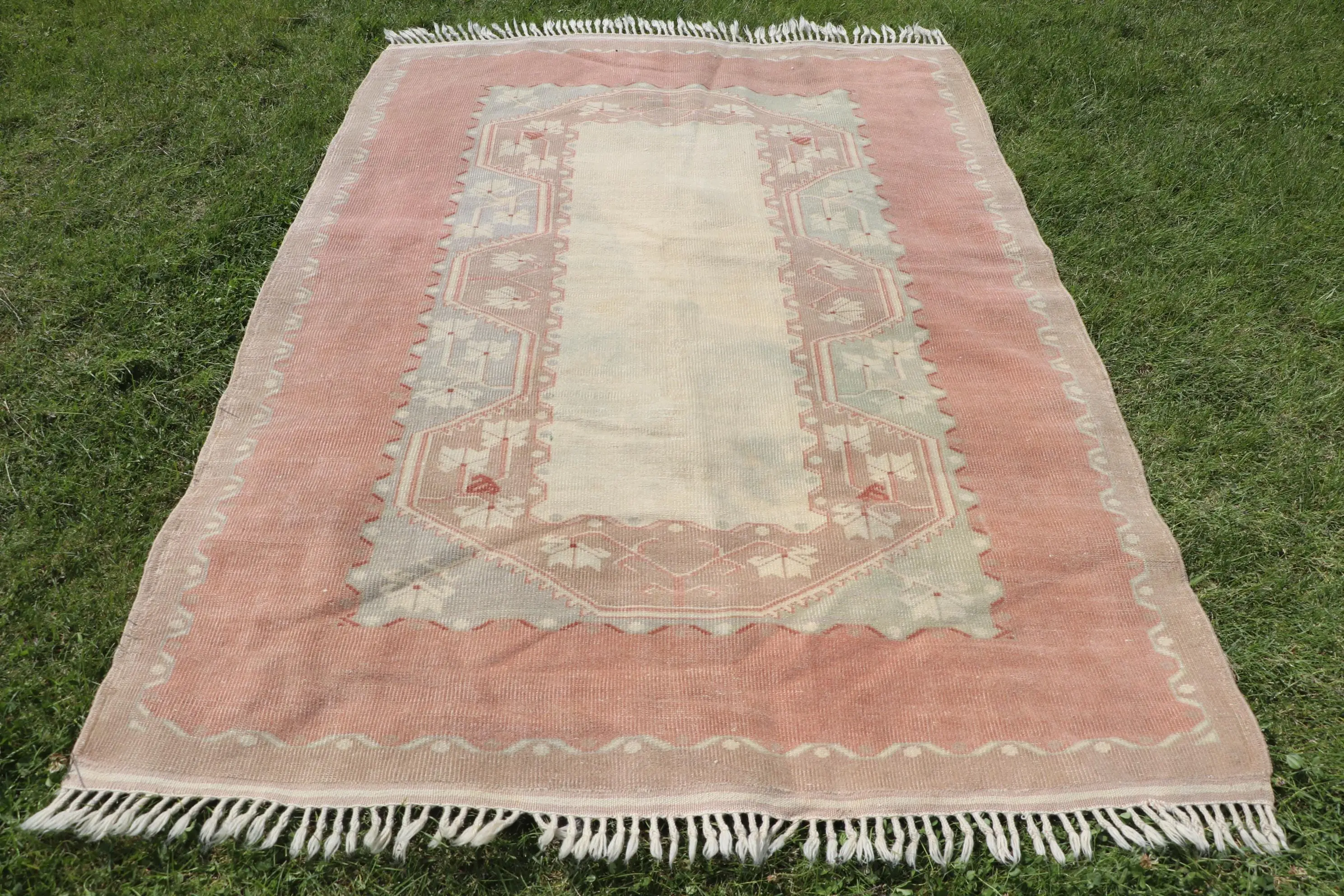Vintage 5.1x7 ft Rug, Turkish Rug, Pink Striped Rug Wool - 1