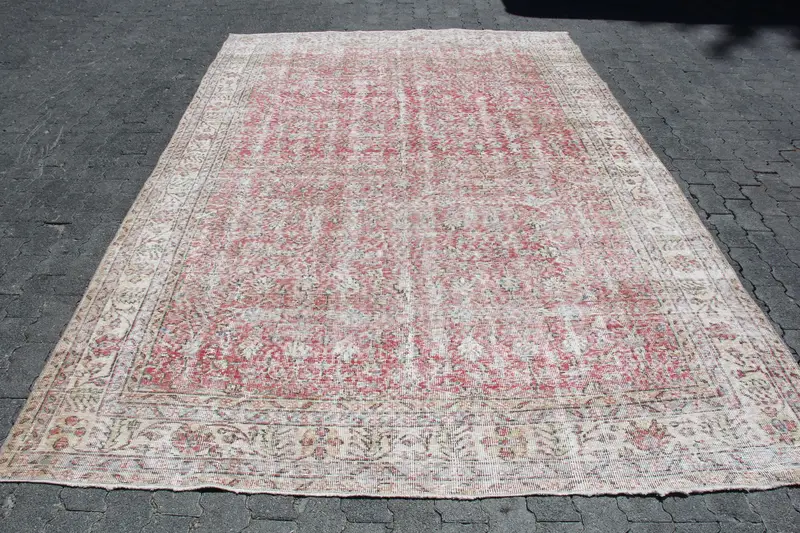 7.2x10.7 ft Vintage Rug, Turkish Oversize Rug, Red White Abstract Rug - 1