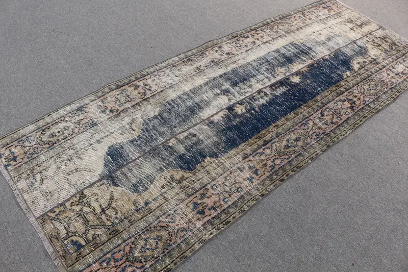 Oushak Vintage Halı, 3.3x8.4 ft Türk Halısı, Mavi Çiçekli Yün Halı - 1