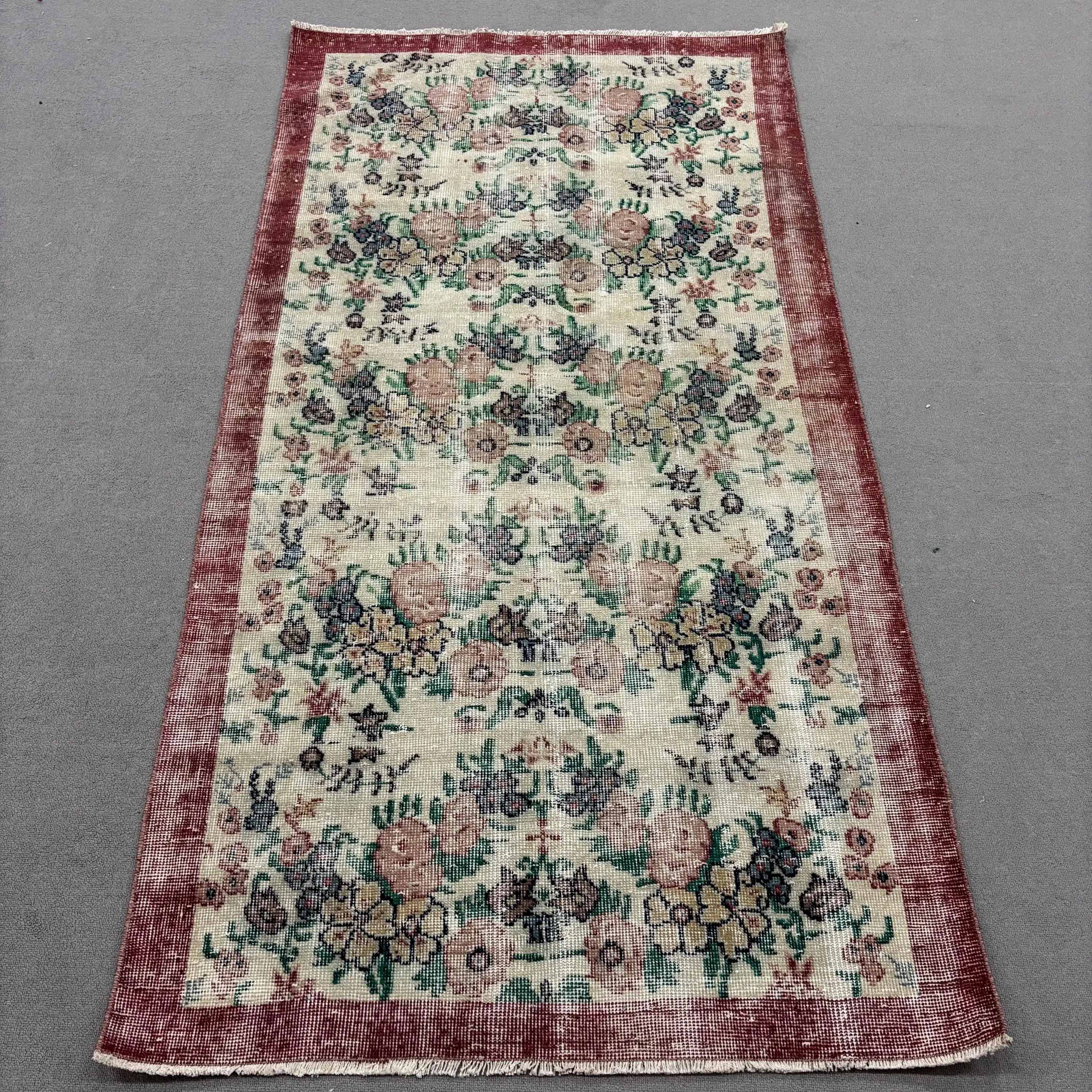 Vintage Türk Halısı, 3.5x6.7 ft Accent Halı, Kırmızı Yeşil Hayvan Baskı Yün Halı - 1