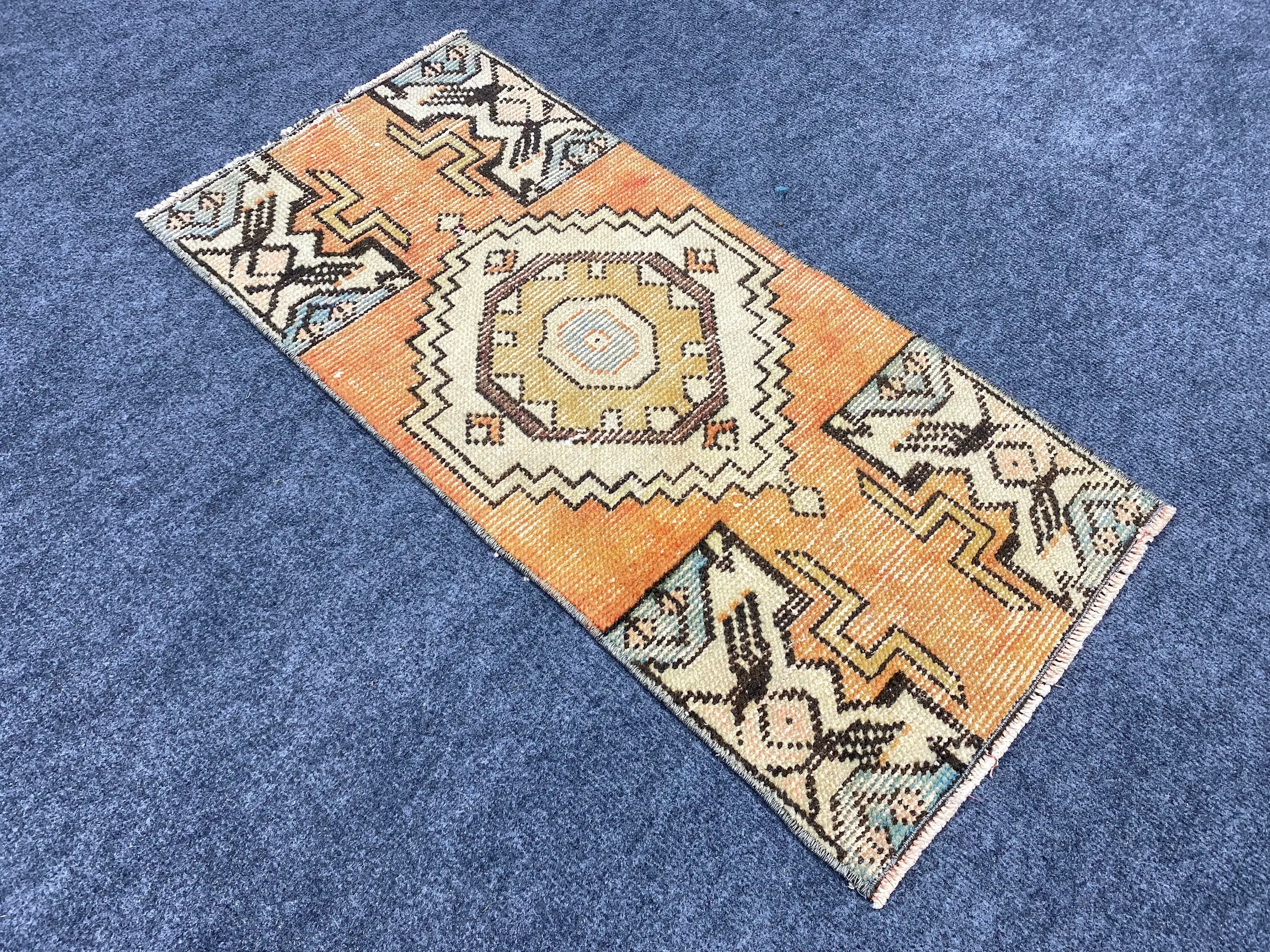 Turkish Vintage Small Rug 1.3x2.8 ft, Orange Rug Wool - 1