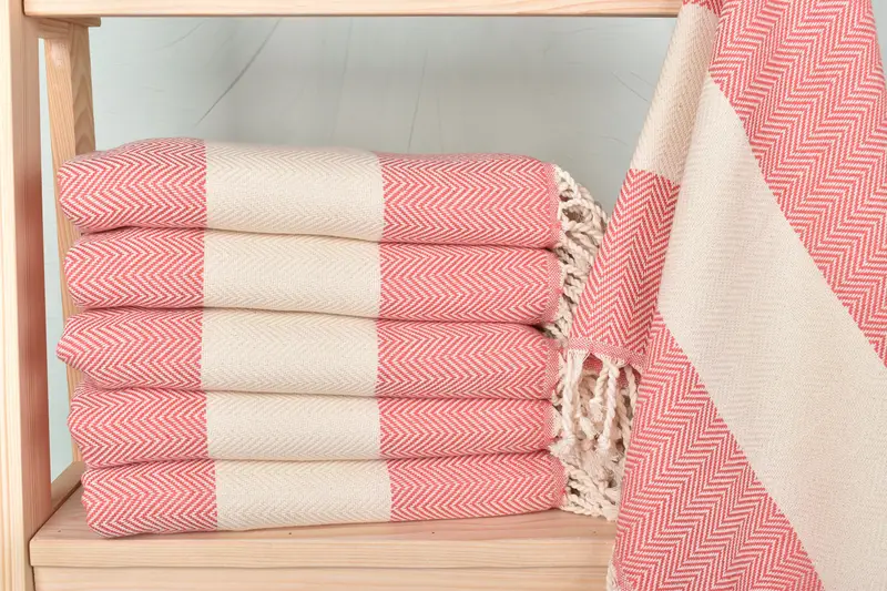 Monogrammed Beach Towel Chevron Pattern Vermilion, Beige, 40x71 Inches