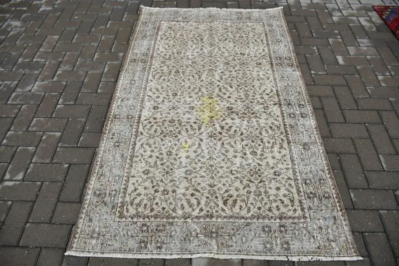 3.8x6.2 ft Accent Vintage Halı, Kahverengi Çizgili Türk Halısı - 1