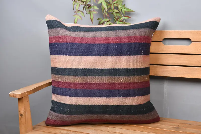 Blau & Rot gestreiftes Kissen, Vintage besticktes Kissen