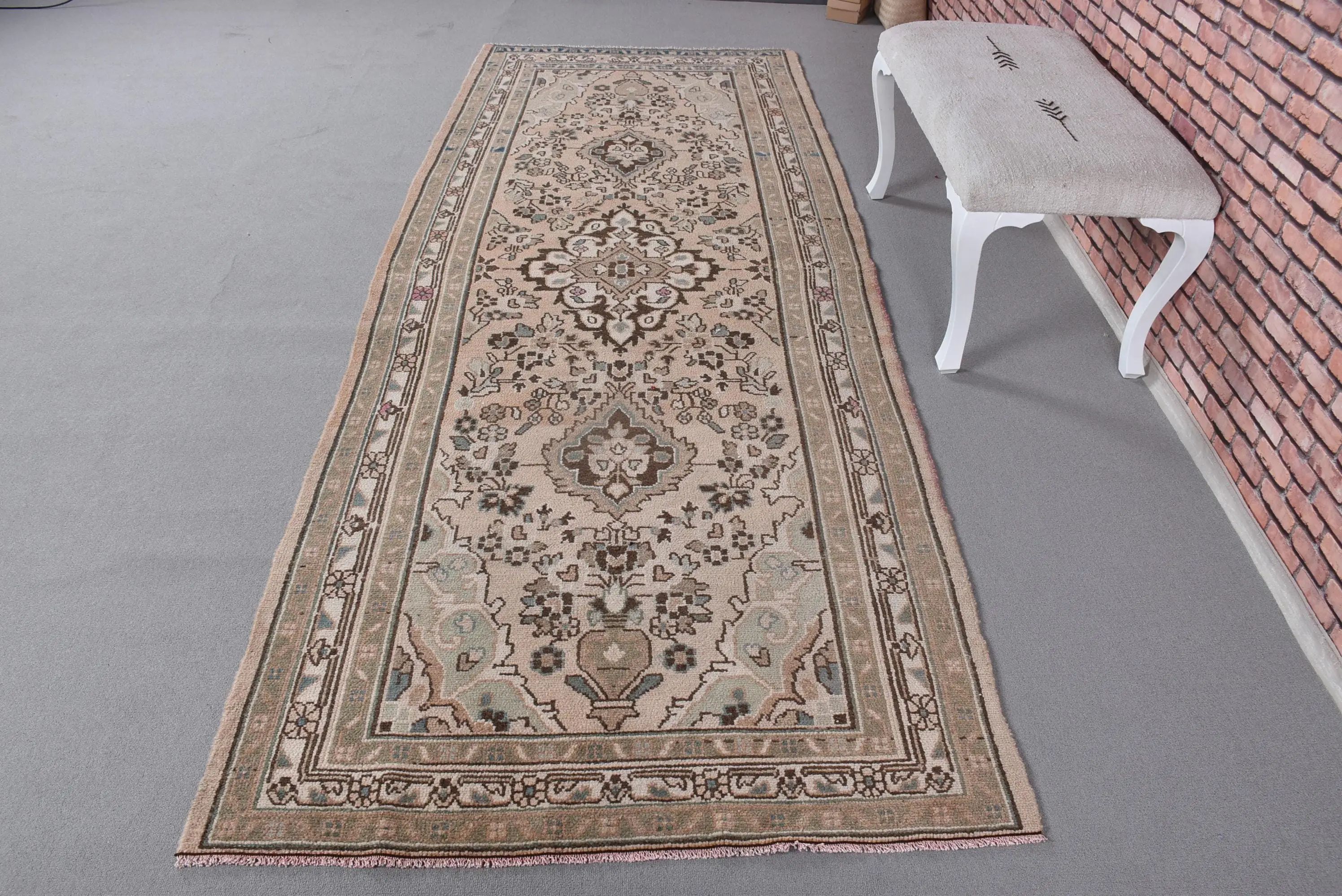 Vintage Turkish Runner Rug 3.8x10.1 ft (117x309 cm), Brown Moroccan Rug - 1