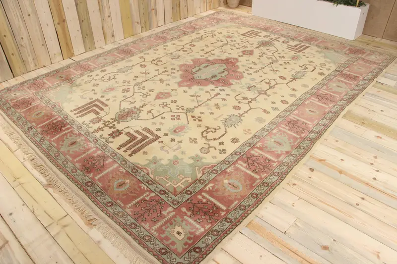 トルコ特大ラグ 8.8x11.7 フィート、ヴィンテージ Oushak レッド パッチワーク ウール ラグ - 1