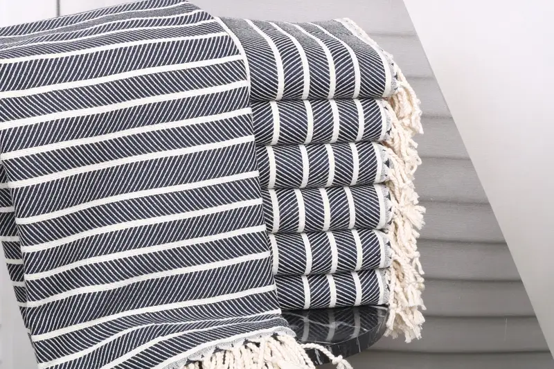 Turkish Beach Towel Embroidered Navy Herringbone Bamboo, 40x71 Inches