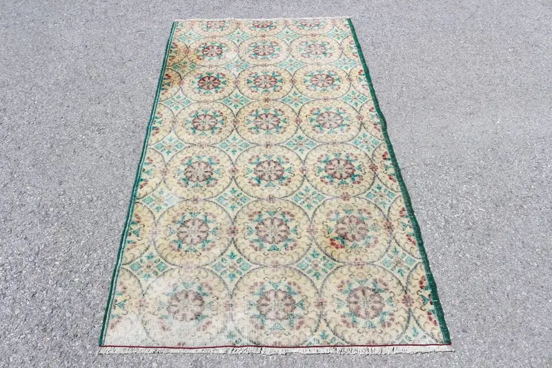 Türk 3.4x6.1 ft Halı, Accent Vintage Halı, Yeşil Kırmızı Çiçek Yün Halı - 1