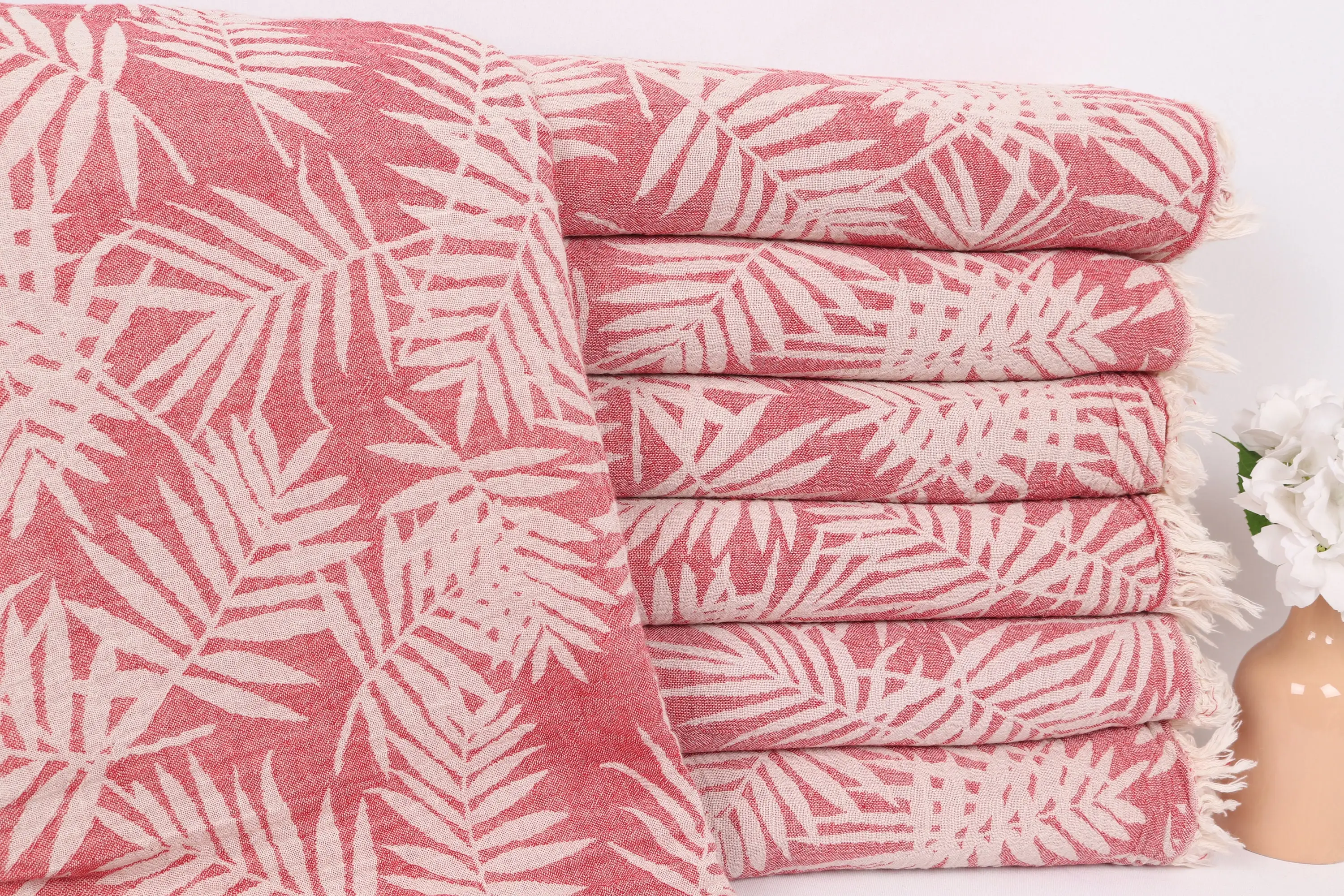 Red Cotton Throw Floral Patterned, Turkish Blanket, 79x99 Inches - 1