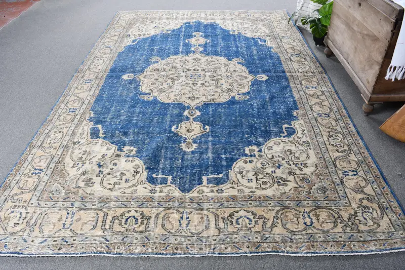 Türk 7.1x10.5 ft Halı, Vintage Büyük Boy Halı, Mavi Çiçekli Halı - 1