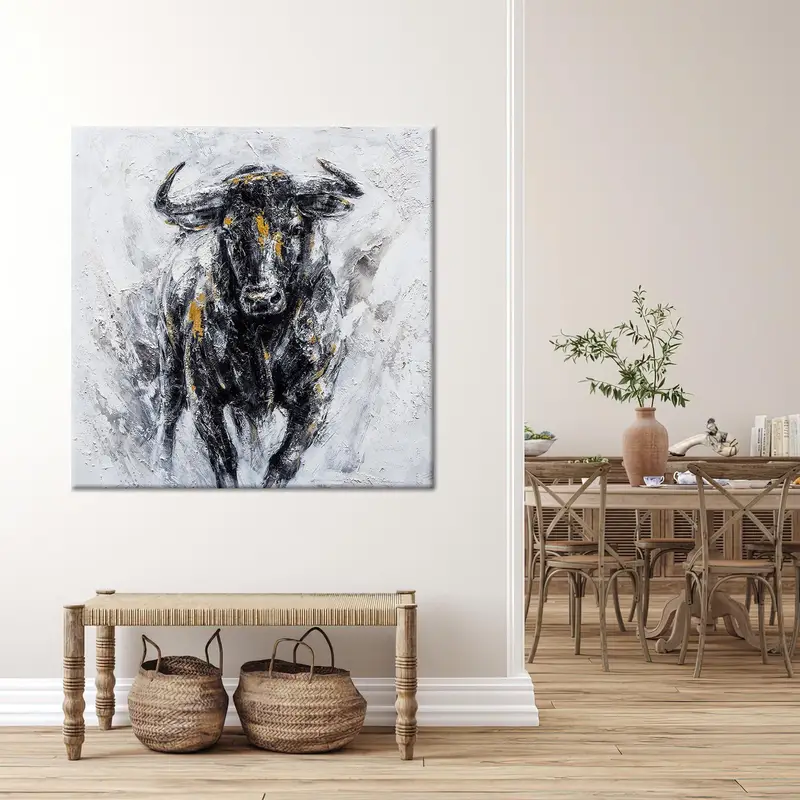 Lienzo moderno de toro negro: arte abstracto de vaca para la cueva del hombre