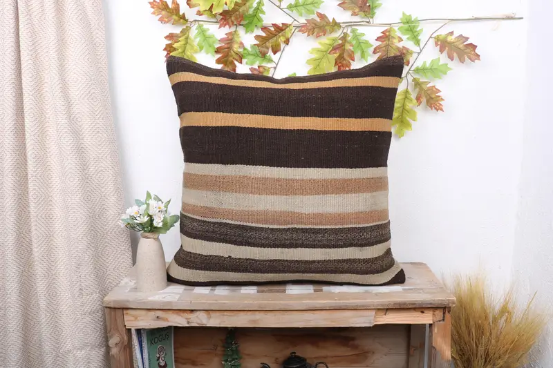 Antique Pillows, Ethnic Throw Cushion Case, Pillow Sham, Gift Pillow, 24x24 Brown Cushion Cover, Christmas Cushion, Vintage Kilim Throw Pillow - 1