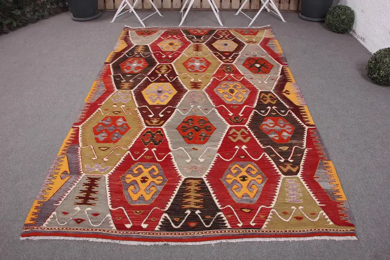 Alfombra hecha a mano en rojo y verde, 4,8x7,7 pies geométrica a rayas