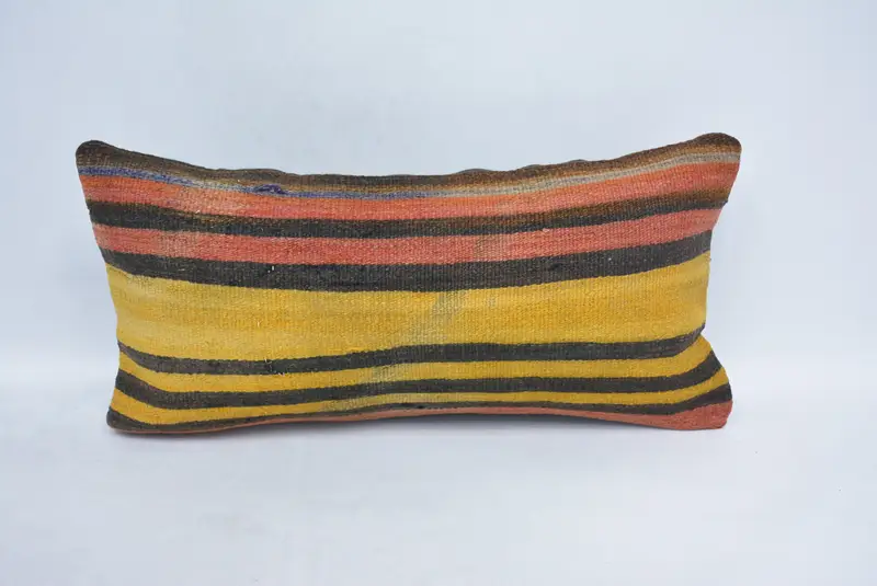 Pastel Cushion, Turkish Kilim Pillow, Pillow Sham, Antique Pillows, 12x24 Yellow Cushion Case, Ethnical Kilim Rug Pillow - 1