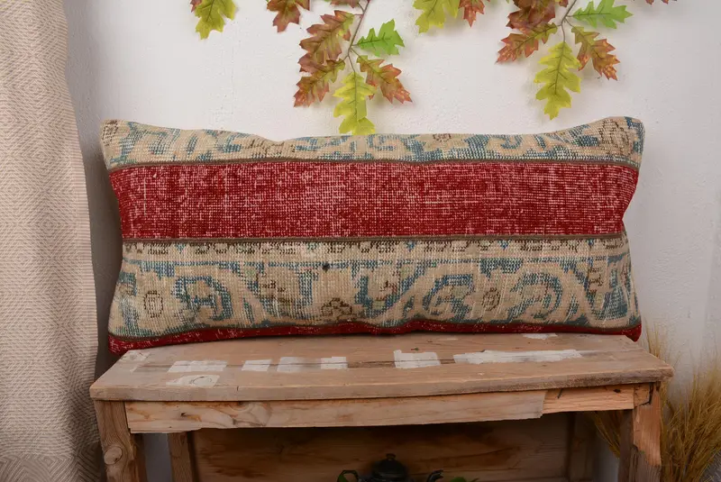 Rotes Leinen-Wurfkissen, 16x36 besticktes Patchwork-Kissen